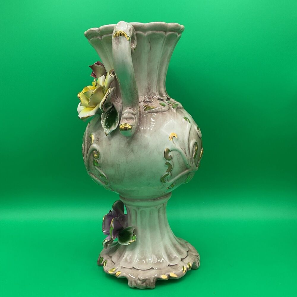 Vintage Porcelain Capodimonie Italian Floral Vase With Three Roses Two Handle - Picture 4 of 17